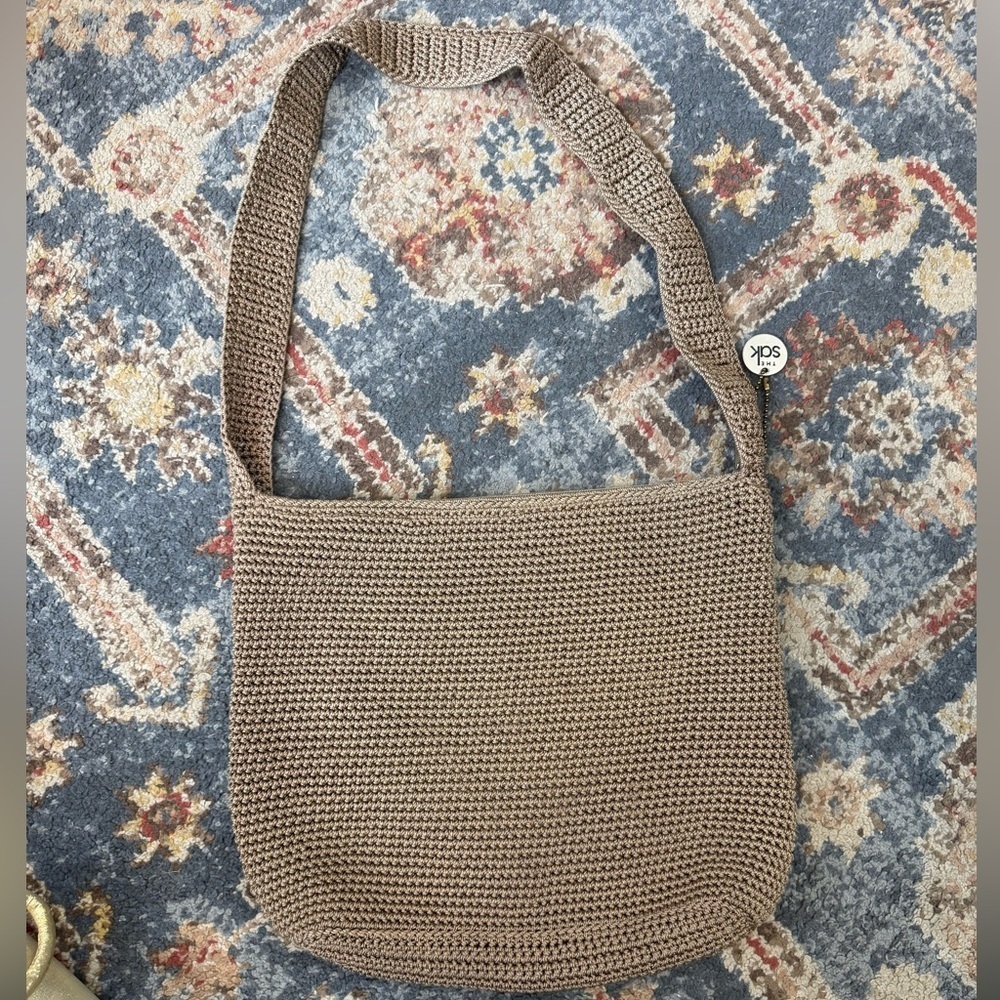 The Sak Taupe Crochet Knit Hobo Shoulder Bag Boho Zip Top Purse
